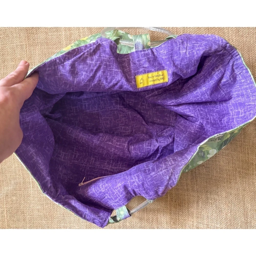 Handmade Floral Hobo Purse Glitter Plastic Handles Impressionist Watercolor